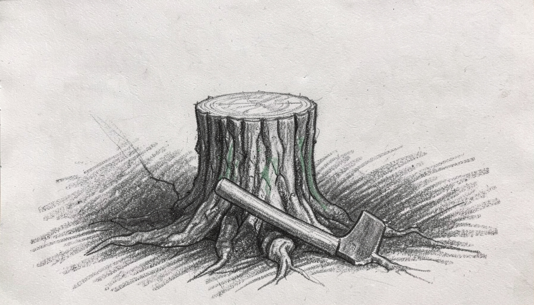 Eine grobe Graphitstiftskizze eines Baumstumpfes mit einer Axt, die an der Wurzel liegt, umgeben von dunklen, schraffierten Schatten