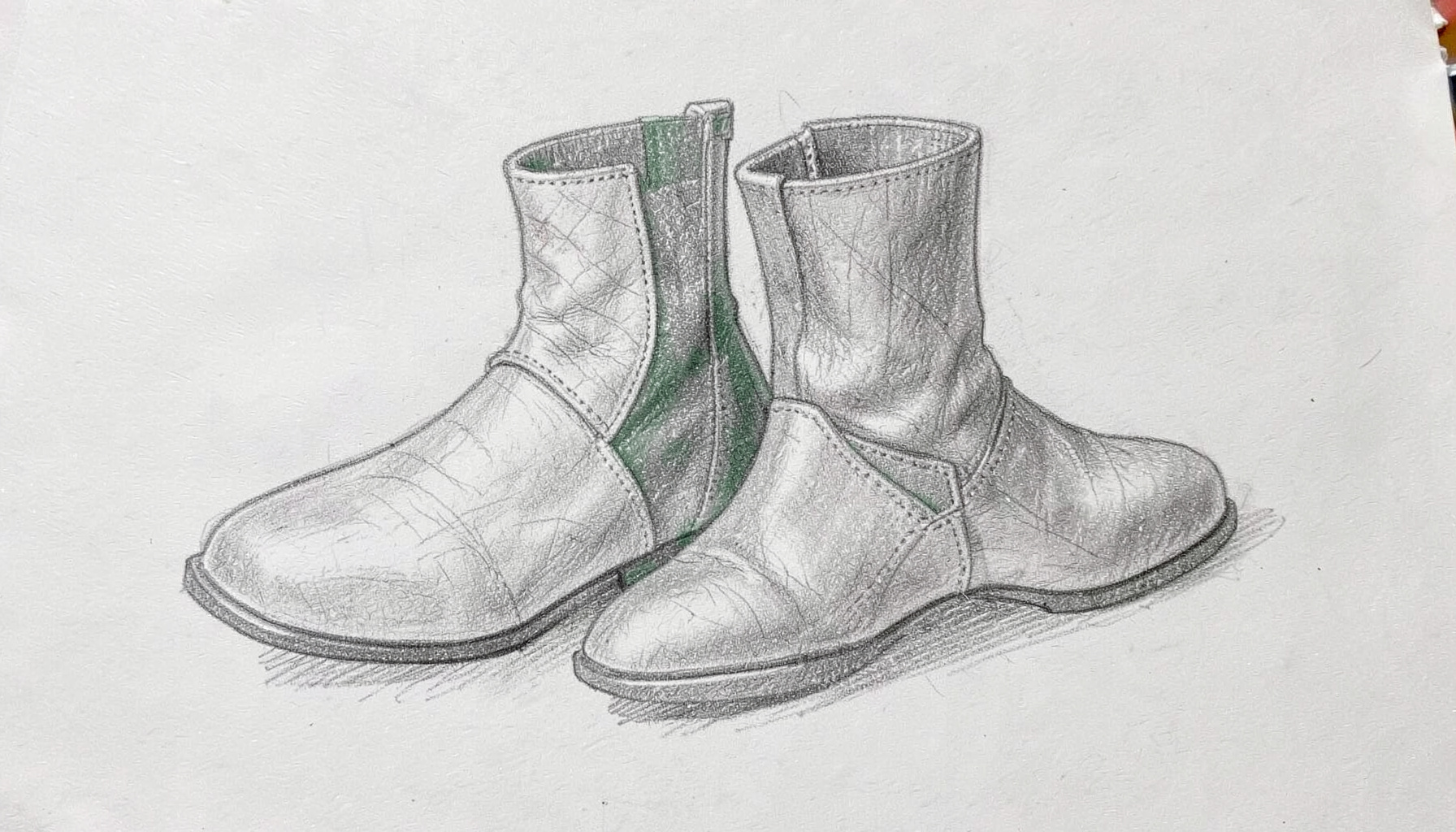 Eine Graphitstiftskizze eines Paars eleganter Stiefel mit feinen Lederstrukturen und sanften Grauverläufen