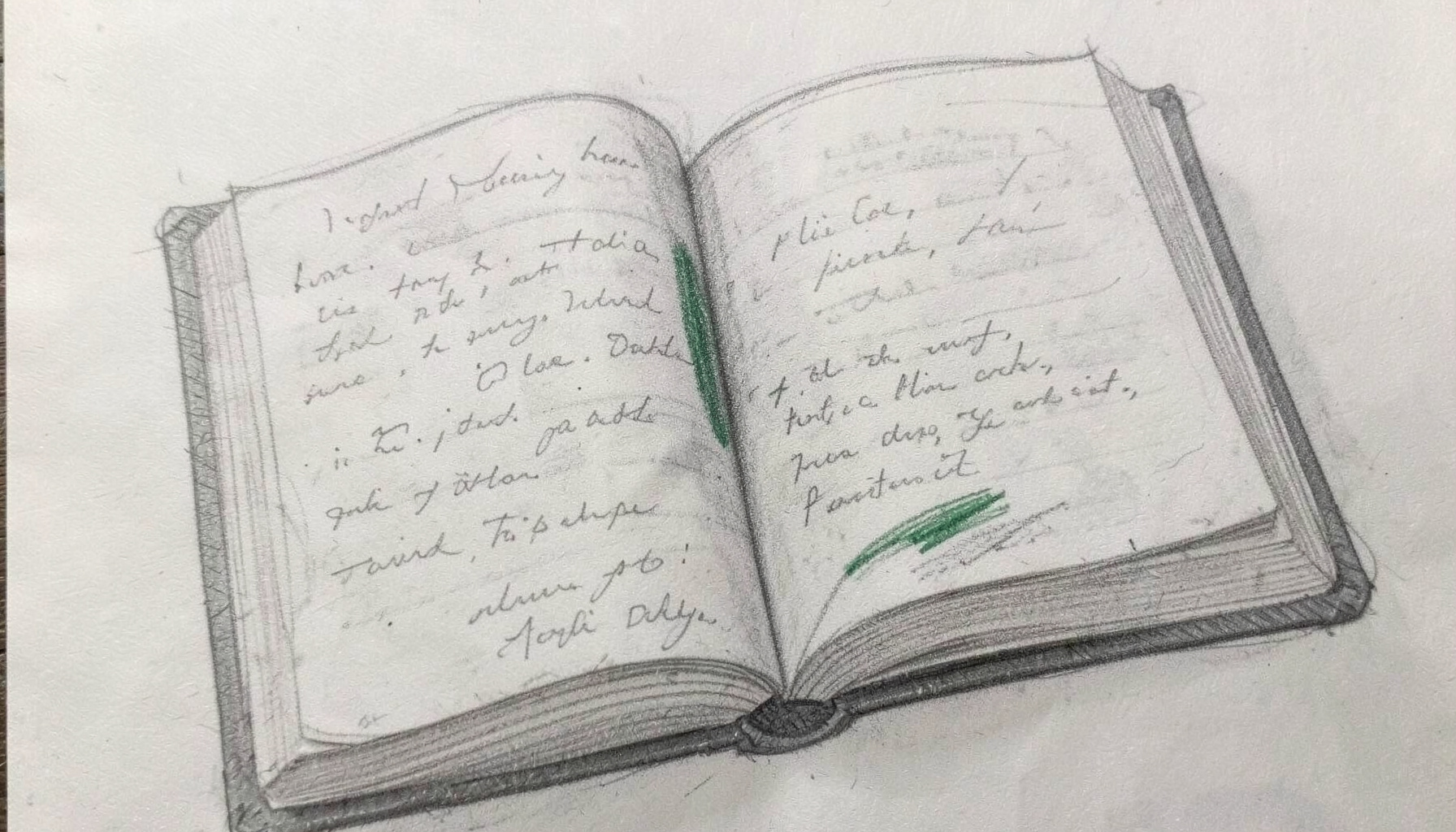 Eine Graphitstiftskizze eines geöffneten Manuskripts mit handschriftlichen Anmerkungen, in sanften Graustufen