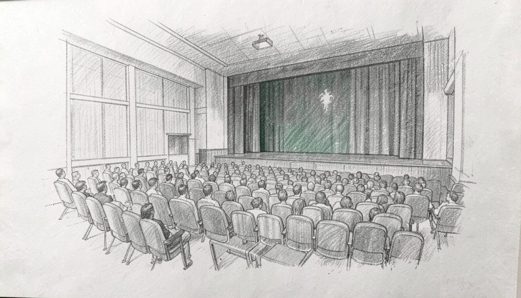 Eine Graphitstiftskizze eines Auditoriums mit Sitzreihen und einer Bühne, in ruhigen Grautönen gehalten
