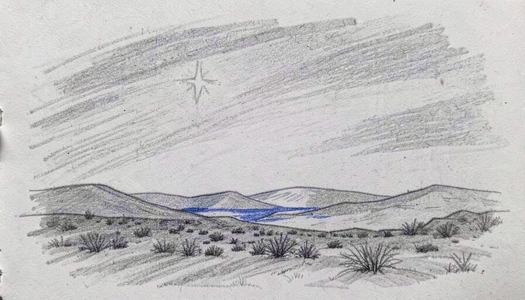 Eine ruhige Graphitstiftskizze einer nächtlichen Wüstenlandschaft mit einem hellen Stern am Himmel, weiche Grautöne und eine andächtige Stimmung