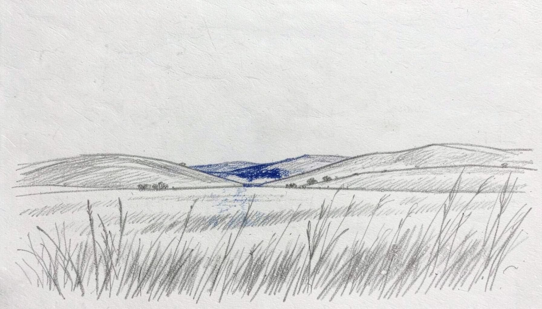 Eine ruhige Graphitstiftskizze einer weiten Wiesenlandschaft mit sanften Hügeln und weitem Himmel